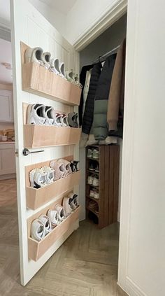 Introducing our new design, top quality hardwood, wall mounted shoe racks. Perfect space saving storage for all of your shoes. This is the new and improved version of our wall mounted shoe racks. They are still lightweight and easily fitted but they have the added advantage of a fully enclosed back so that the soles of the shoes don't mark the wall behind, they are made from top quality hardwood and can be left as they are or can easily be painte Shoe And Cleaning Closet, Short Closet Ideas Small Spaces, Small Room Shoe Storage, Shoe Rack Between Studs, Under The Stair Shoe Storage, Downstairs Cupboard Ideas, Front Door Shoe And Bag Storage, Narrow Entryway Closet Ideas, Diy Angled Shoe Rack