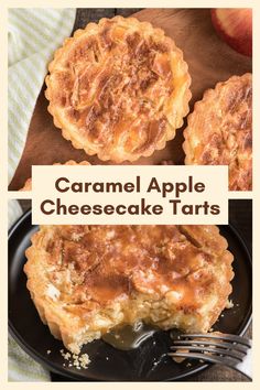 caramel apple cheesecake tarts on a black plate