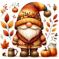 a painting of a gnome with autumn decorations