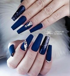 Navy Blue Bling Nails, Navy Blue Nails Acrylic Coffin Long, Wedding Nails With Blue, Navy Blue And Silver Nail Designs, Sapphire Nails Design, Navy Blue And Silver Nails, Xv Makeup, Nails Navy Blue, Nails Navy