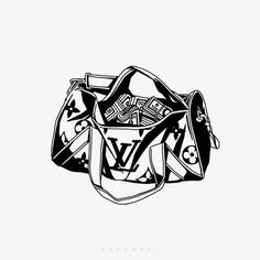 a black and white drawing of a louis vuitton bag