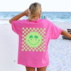 Neon Palm Tree Smily Shirt Coconut Girl Clothes Preppy Summer Oversized Beach Tee VSCO Girl Aesthetic Shirt for Teens Words on Back - Etsy Pink Short Sleeve T-shirt For Day Out, Pink Summer T-shirt For Day Out, Tie Dye Tops For Summer Beach, Summer Tie Dye T-shirt With Funny Print, Pink Letter Print T-shirt For Day Out, Fun Pink Summer T-shirt, Tie Dye Tops For Beach Season Vacation, Pink Cotton T-shirt For Summer, Oversized Pink Top For Beach