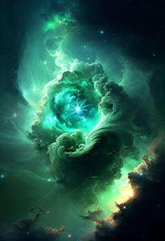 an image of the inside of a green and blue space filled with clouds, stars and planets