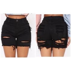 Distressed Shorts New New Never Worn Fashionnova Size: 9 No Stretch Edgy Ripped High Waist Bottoms, Edgy Ripped High-waist Bottoms, Black Fitted Ripped Bottoms, Fitted Black Ripped Bottoms, Trendy Black Knee-length Jean Shorts, Black Knee-length Jean Shorts For Summer, Stretch Knee-length Shorts For Night Out, Distressed High Rise Black Bottoms, Spring Ripped Black Bottoms