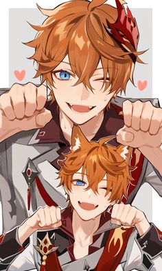 two anime characters one with red hair and the other blue eyes, both wearing crowns