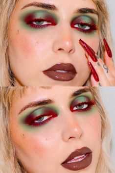 Red Green Eyeshadow, House Party Makeup Ideas, Bold Eye Shadow, Green Red Eyeshadow, Green And Red Eye Makeup, Bold Red Makeup Looks, Red Green Eye Makeup, Y2k Punk Makeup, Green Red Makeup