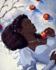 a painting of a woman with an apple in her hand and apples falling from the sky