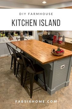 a kitchen island made out of an old table and chairs with the words diy farmhouse kitchen island above it