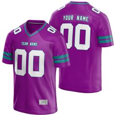 Custom Football Jersey Purple Teal Jersey One Purple Jersey With Team Name For Sports Season, Purple Team Spirit Jersey With Team Name, Team Spirit Purple Jersey With Team Name, Purple Jersey With Team Name And Spirit, Sporty Purple Jersey With Team Name, Purple Letter Print Jersey For Sports Season, Team Spirit Purple Jersey, Purple Team Spirit Jersey, Purple Jersey For Sports Season