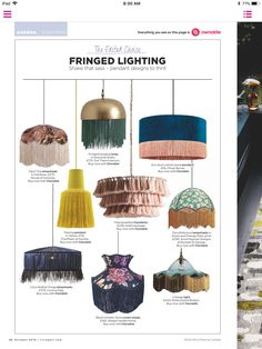 an article about fringed lighting is featured in the magazine, which features images of different lamps