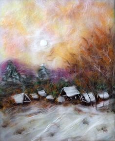 a painting of snow covered houses and trees in the distance with an orange sky above