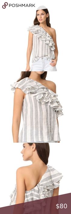 LoveShackFancy Tanya cotton stripe one shoulder blouse Size XS MSRP $300 Lurex Top, Cream White, One Shoulder Blouse, One Shoulder, Hand Wash, Elastic