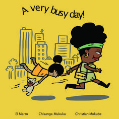 an illustrated book cover for a very busy day with two children running in the city