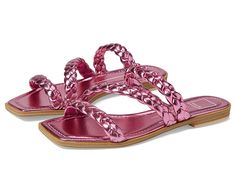 Modern Pink Slides For Summer, Chic Slides For Summer Outings, Modern Pink Slides For Spring, Chic Pink Slides For Summer, Modern Summer Sandals With Textured Footbed, Modern Sandals With Textured Footbed For Summer, Chic Flat Slides For Summer Outings, Chic Braided Strap Sandals For Summer, Modern Pink Beach Sandals