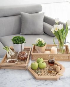 three trays filled with plants and flowers on top of a marble countertop next to a couch