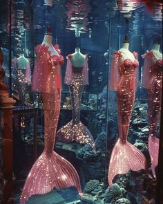 two pink mermaid dresses are on display in a glass case, with other mannequins behind them