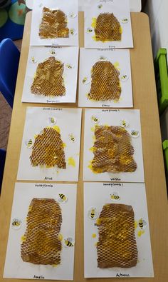 six pictures of honeycombs with bees on them