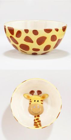 two bowls with giraffes painted on them, one in the shape of a bowl