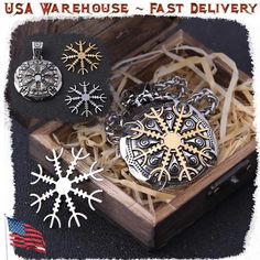 an assortment of jewelry sitting in a box on top of a wooden table with the words usa warhouse fast delivery