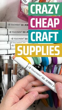 a person holding a pen in their hand with the words crazy cheap craft supplies on it