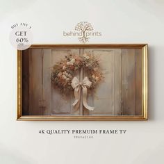 an image of a painting on the wall with a bow and flowers in it that reads 4k quality premium frame tv