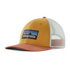 the patagonia trucker hat in tan and orange