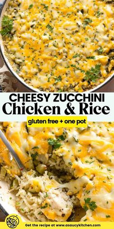 cheesy zucchini chicken and rice in a skillet