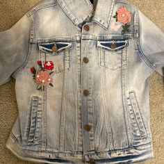 Girls Jean Jacket Size L With Flower Appliqu And Pearls. Brand Joy Joy. Never Worn Spring Cotton Outerwear With Floral Applique, Fall Long Sleeve Outerwear With Floral Applique, Fall Outerwear With Floral Applique And Long Sleeves, Fall Floral Applique Long Sleeve Outerwear, Cute Long Sleeve Denim Jacket For Spring, Fall Cotton Outerwear With Floral Applique, Spring Outerwear With Floral Applique And Long Sleeve, Spring Long Sleeve Outerwear With Floral Applique, Spring Floral Applique Long Sleeve Outerwear