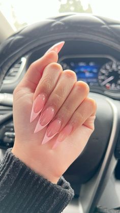 Pink stiletto frenchies Steletoes Nails French Tip, Pink French Tip Stiletto Nails, French Tip Nails 2024, Stiletto Nails Simple, Stiletto Nude Nails, Neutral Stiletto Nails, Stiletto Nails Medium, Stiletto Pink Nails