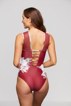 Suit Design, Swimsuit Models, Long Torso, Suit Designs, Mesh Panel, Swim Suit, Wide Straps, Wine Red, Red Floral