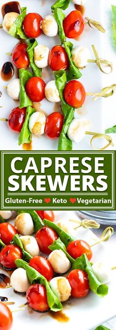 caprese skewers with cherry tomatoes, mozzarella and basil leaves