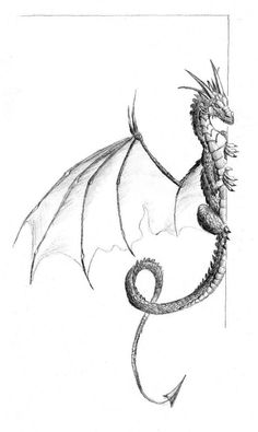 a pencil drawing of a dragon with wings and tail, sitting on top of a pole