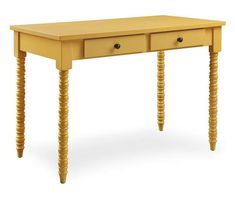 a wooden table with two drawers on one side and three turned down legs at the bottom