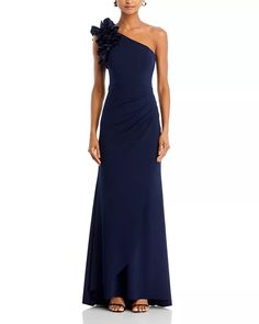 AQUA One Shoulder Ruffle Crepe Gown - Exclusive | Bloomingdale's Pre-draped One Shoulder Dress For Prom, One Shoulder Pre-draped Dresses With Ruffles, One-shoulder Pre-draped Dress With Ruffles, One-shoulder Gown With Ruched Bodice Pre-draped, One Shoulder Dress With Ruched Fitted Bodice, Asymmetrical Evening Dress With Ruched Bodice For Cocktail, Cocktail One-shoulder Dress With Ruched Bodice, One Shoulder Ruched Fitted Gown, Sleeveless One Shoulder Evening Dress With Ruched Bodice