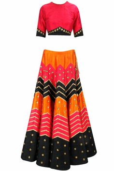 Dark Pink, Black and Orange Zig Zag Lehenga Set Lehenga Designs Illustration, Desi Clothing, Popup Shop, Navratri Collection, Winter Sewing, Raw Silk Lehenga, Amazing India, Wedding Lehengas, Designer Lehengas