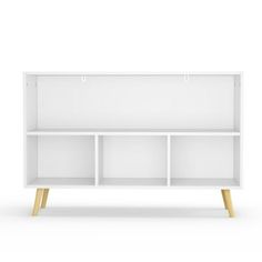 a white bookcase with three shelves on one side and two wooden legs in the other