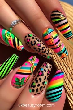 Summer Nail Art 2024, Pin Up Nails, Funky Summer Nails, 4b Hairstyles, Neon Ideas, Nails Funky, Graffiti Nails, Bright Nail Designs