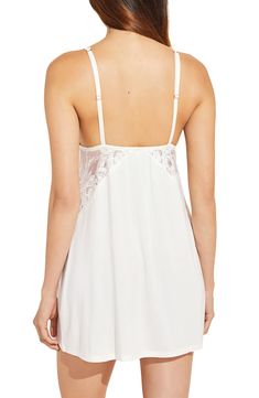 Eberjey Rosalia Lace Trim Chemise | Nordstrom Lace Sleepwear With Delicate Straps And V-neck, White Contrast Lace Camisole For Summer, White Camisole With Contrast Lace For Summer, Summer V-neck Slip With Lace Trim, Feminine V-neck Chemise For Daywear, Spring Camisole With Contrast Lace And Spaghetti Straps, Spring Camisole With Spaghetti Straps And Contrast Lace, White Contrast Lace Cami Camisole, White Lace Contrast Camisole