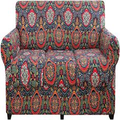 a colorful couch with an intricate pattern on it