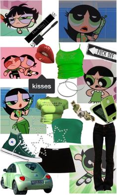 a collage of cartoon characters with different outfits and accessories, including an image of a woman