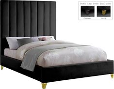 a bed with black velvet headboard and foot board