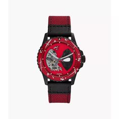 This limited-edition, automatic timepiece is inspired by the sassy Marvel character we know and love, Deadpool. It features a costume-inspired black-and-red color scheme with a matte and satin openworked-dial, battle-worn bezel, durable nylon and leather strap and exhibition caseback with character art. Red Automatic Watches With Round Dial, Red Automatic Watch With Round Dial, Red Color Schemes, Fossil Watch, Marvel X, Automatic Watch, Marvel Characters, Limited Editions, Color Scheme