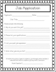 a job application form with the words job application written in black and white on it