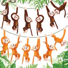 monkeys hanging on a line with their hands in the air