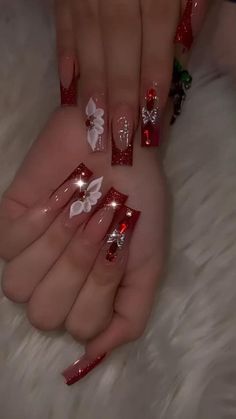 Charro Quince, Quince Nails, Quinceanera Nails, Red And Gold Nails, Dresses Lavender, Dresses Quince, Girly Acrylic Nails, Long Square Acrylic Nails