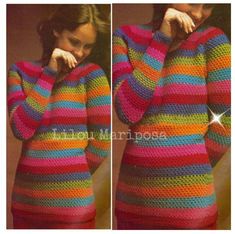 two pictures of a woman wearing a multicolored knitted sweater and matching dress