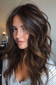 MediumShaggyBrunetteHairstyle11 Chocolate Brown Hair Dye, Butter Blonde Hair, Dark Brown Hair With Blonde Highlights, Chocolate Brown Hair Color Ideas, Brown Hair With Blonde, Brown Hair Color Shades, Brown To Blonde Balayage, Light Brown Highlights