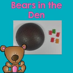 there is a bear next to some gummy bears on the blue background with text that reads bears in the den