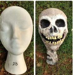 two pictures of a white skull head with teeth