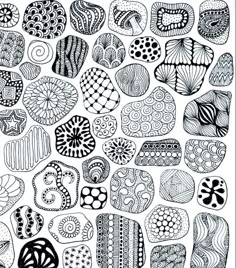 an abstract black and white drawing with lots of different shapes, sizes and colors on it